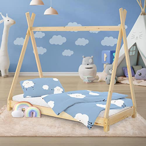 ML-Design Kinderbett Tipi 80x160 cm mit Lattenrost, Natur, Kiefernholz, Indianer Bett aus Massivholz, Hausbett für Mädchen & Jungen, Bodenbett Kinderhaus Jugendbett Holzbett Bettenhaus Spielbett Zelt
