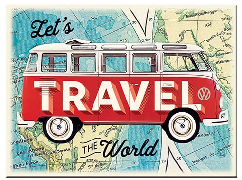 Nostalgic-Art Retro Kühlschrank-Magnet, 6 x 8 cm, VW Bulli – Let's Travel The World – Volkswagen Bus Geschenk-Idee, aus Metall, Vintage Design