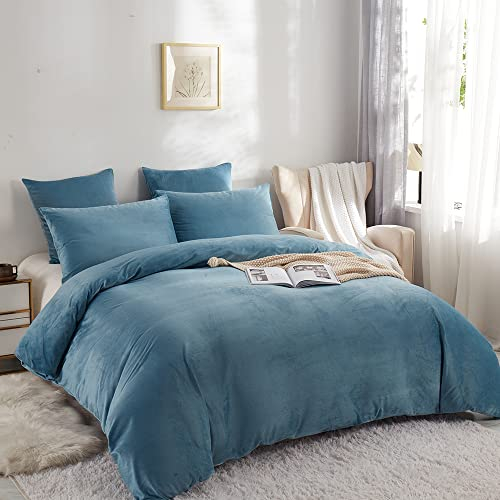 Nyescasa Winter Plüsch Bettwäsche 220x240 3Teilig Coral Fleece Flanell Blau Wendebettwäsche Cashmere Touch Warme Bettbezug mit Reißverschluss und 2 Kissenbezug 80x80cm Doppelbett Deckenbezug