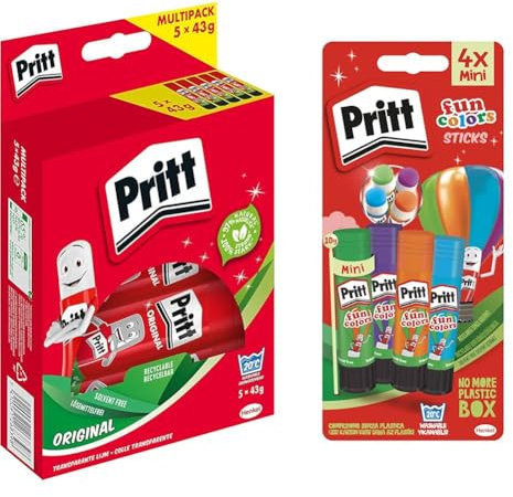 Pritt Colla Stick 5 X 43 gr, Colla per Bambini Affidabile + Pritt Colle Stick Fun Colors, Colla Colorata per Bambini, per Lavoretti e Fai da Te, 4 Colori in Stick da 10g