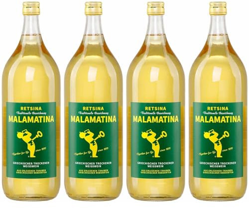 Retsina Malamatina 4x 2,0l Flasche | Geharzter Weißwein aus Griechenland | 10,5% Vol. | +20ml Jassas Olivenöl