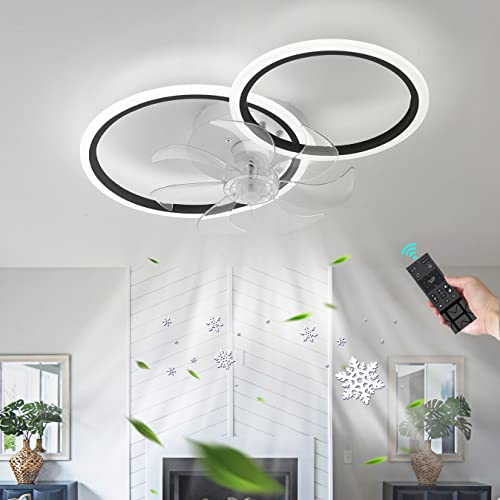 2-Kreis Design Deckenventilator Mit Licht Und Fernbedienung Leiser DC-Motor LED Dimmbare Ventilator Licht Decke 6 Geschwindigkeit Pendelleuchte Für Schlafzimmer Wohnzimmer LED-Deckenleuchte-Black
