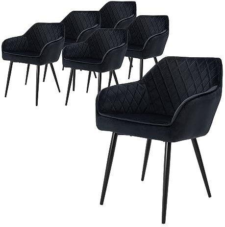 ML-Design 6er Set Esszimmerstühle mit Armlehne und Rückenlehne, Schwarz, Küchenstuhl mit Samtbezug, Polsterstuhl mit Metallbeinen, Ergonomischer Stuhl für Esstisch, Esszimmerstuhl Wohnzimmerstuhl
