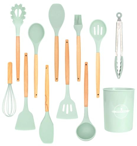 Intirilife 12-teiliges Küchenutensilien Set Küchenhelfer aus Silikon in Mint Grün - 12.5 x 32.5 cm - Antihaft Hitzebeständiges Kochbesteck mit Zange Schneebesen Pfannenwender Pinsel Schöpfkelle