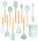 Intirilife Juego de 12 utensilios de cocina de silicona Verde Menta - 12.5 x 32.5 cm - Cubiertos de cocina antiadherentes y resistentes al calor con cuchara, pinzas, batidor, espátula, pincel
