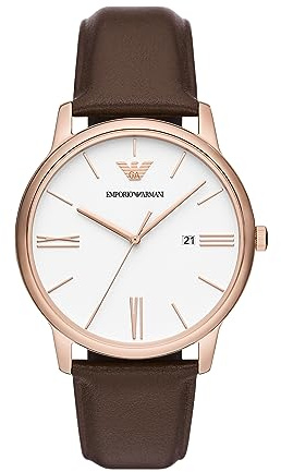 Emporio Armani Herren-Armbanduhr aus Leder mit drei Zeigern, Roségold/Braun, 42MM, Minimalistisch
