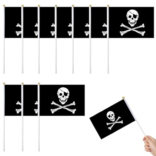 Bandera pirata pequeña,Pirate Stick Flag,Jolly Roger Mini Bandera de Mano,drapeaux de crâne,drapeaux de fête pirate,drapeau Jolly Roger,s'appliquent à la décoration d'Halloween,cosplay pirate,10 PCS