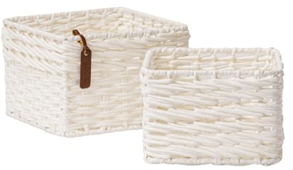 Wicker Storage Baskets for Organizing, Recyclable Paper Rope Square Baskets, Decorative Hand Woven Basket Organizers for Makeup Books Shelves Living Room, White, Set of 2