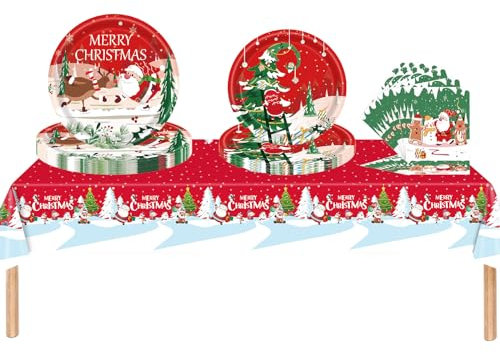 53Pcs Christmas Tableware Decorations Set - Red Christmas Tree Santa Snow Tableware Party Table Cloth, 7inch Paper Plates, Paper Napkins, 9inch Plates for Xmas Picnic