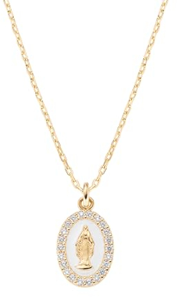 AMEN Schmuck, Halskette, Medaille, Wundertäusche, Emaille, Weiß, Perle, Halskette, Damen, Silber 925, Gold, Zirkonia, Weiß, Geschenk für Damen