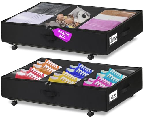 mepure Under Bed Storage on Wheels, 50L Large Sturdy Underbed Storage with Wheels Metal Frame Support, Dust-Proof Underbed Storage Boxes with Zip for Clothes, Blankets, Shoes and Toys (2PCS, black)