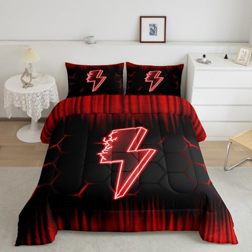 Feelyou Game Flash Bettwäsche-Set, Doppelgröße, für Jungen und Mädchen, Ombre-Bettwäsche-Set für Kinder, Wabenmuster, Rot / Schwarz, Bettbezug-Set, Raumdekoration, Steppdecken-Set