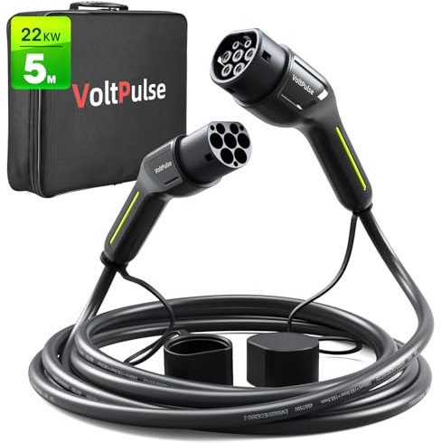 VoltPulse Cable de Carga para Coche eléctrico 22 kW, 32 A, trifásico, 5M, EV vehículo eléctrico e híbrido, Recargable, Tipo 2 a Tipo 2, con Bolsa de Transporte, Compatible con Zoe e-Tron, Modelo