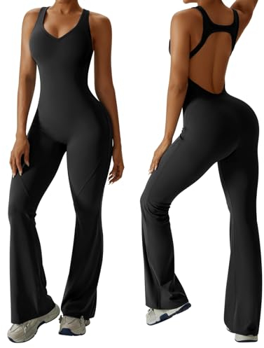 Vertvie Jumpsuit Damen Bootcut Eng Sport Jumpsuit Flared Leg Bodysuit mit Pads Yoga Anzug Einteiler mit Schlag Overall Lang Romper(Rückenfrei: Schwarz,S)