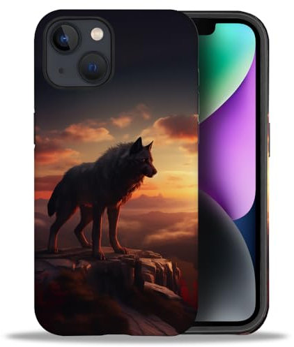 yicomon Kompatibel mit iPhone 13/iPhone 14 Hülle, Cliff Wolf Muster Druck Matte Handyhülle Langlebig Mode Lustig Flüssigsilikon Hülle Weiche Anti-Kratzer Stoßfest Schutzhülle
