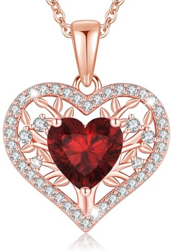 LAVUMO Lebensbaum Herz Kette Damen 925 Sterling Silber Geburtsstein Anhänger Halsketten Geburtstagsgeschenk für Frauen Freundin Mama Valentinstag Muttertags Weihnachten (Roségold-01-Januar)