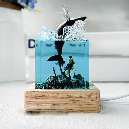 VISIOLEX Glühendes Nachtlicht, Hai-Taucher-Nachtlicht, marine Harz Würfel Dekorationen, Neuheit Desktop Geschenke, handgemachte Harz Hai Licht (Buckelwal springt ins Wasser)