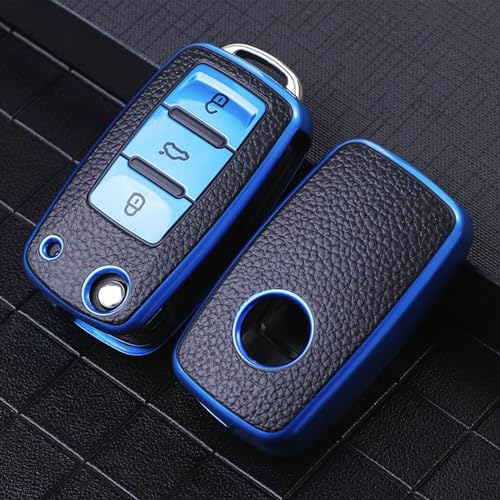 Misuyue VW Schlüsselhülle, Autoschlüssel Hülle VW für Volkswagen Polo Golf 3/4/5/6 Skoda Passat Seat, VW Polo Schlüsselhülle, 3 Tasten VW Tiguan Schlüsselhülle Leder und TPU (Blau)