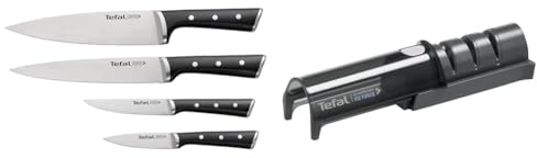 Tefal Ice Force Set de 4 Couteaux et Aiguiseur - Découper, Chef, Office, Émincer - Meule Japonaise, Affûtage 3 Étapes, Rétractable, Universel