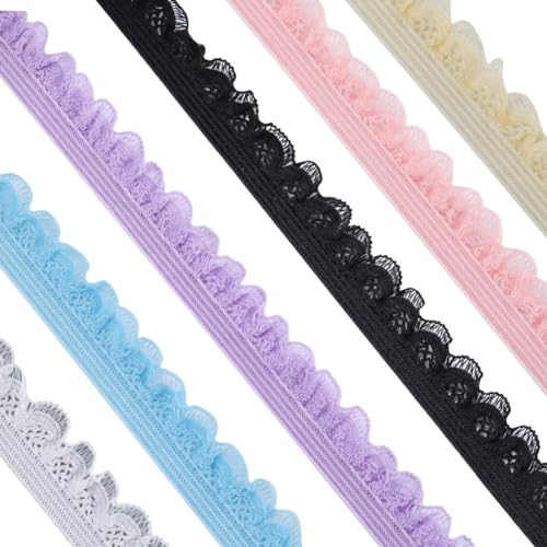 GORGECRAFT 18m 6 Farben Elastischer Spitzenbesatz 3m/rolle 14mm Breit Stretchband Dessous-Kantenbesatz Blumenmuster Gehäkeltes Gurtband Heimwerker Nähen Kleidung Geschenkverpackung Hochzeitsbedarf