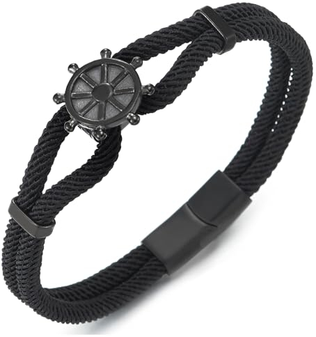 COOLSTEELANDBEYOND Noir Nautique Marin Yacht Corde Bracelet avec Acier Inoxydable Navire Roue Charmes, Homme Femme, Deux Rangs
