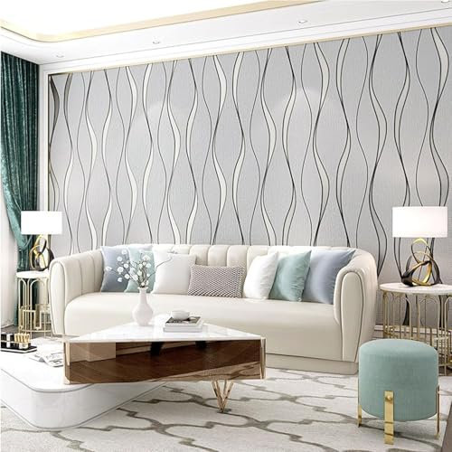 Beswitory Non-Woven Wallpaper Glitter Effect Textured 3D Flocking Embossed Wallpapers 53cm x 9.5m Wave Stripes Wall Paper Roll for Living Room Bedroom Grey