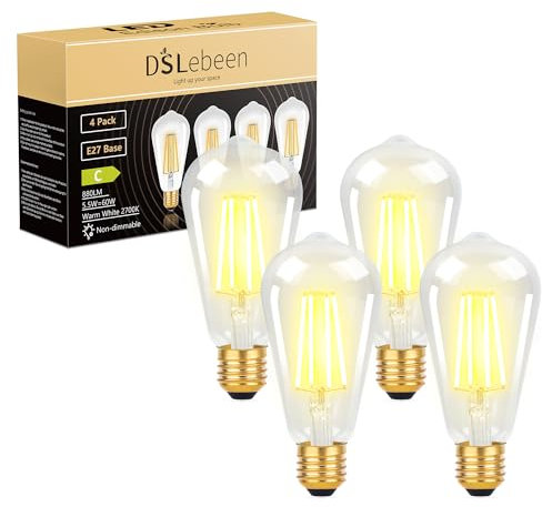 DSLebeen E27 Edison Screw Bulb: ST64 LED Light Bulbs 5.5W 880LM(60W Incandescent Equivalent) Decorative Filament Clear Bulbs CRI 90+ Warm White 2700K Vintage Lighting Non-Dimmable 4 Pack