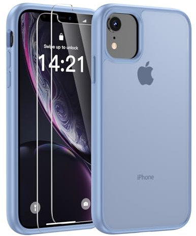 FLLAO Mat Coque Compatible avec iPhone XR et 2 Pièces Protection Verre Trempé,Protection Antichoc Qualité Militaire,Anti-Jaunissement étui de Housse Arrière Translucide Givrée. (Bleu Ciel)