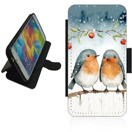 Red Robin Christmas phone case wallet For Apple iPhone/For Samsung Galaxy/For Google Pixel Silicone rubber holder flip case, PU leather back panel, card slots. protective Phone cover