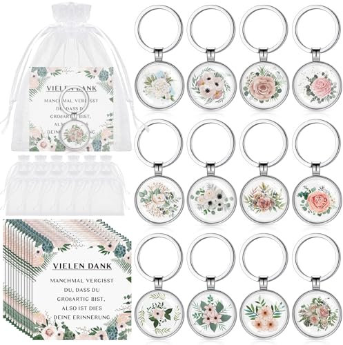 Kasyat 12 Sets Dankeschön Geschenke für Kollegen 12 Kollegen Schlüsselanhänger mit Blumen 12 Danke Karten 12 Organzasäckchen Abschiedsgeschenke Inspirierend Geschenke für Mitarbeiter Jobwechsel Freund
