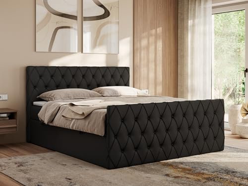 MKS MEBLE Boxspringbett 140x200 cm Miren Duo – Bett mit Bettkasten & Kopfteil, Ziernähte/Steppung – 2× 7-Zonen Taschenfederkern Matratze H4 mit Topper T25 – Schwarz Kunstleder