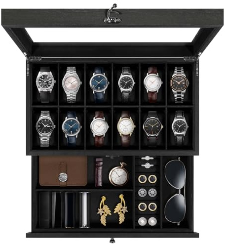 Uten Scatola Porta Orologi a 12 Scomparti, 2 Livelli Porta Orologi Legno, Coperchio in Vetro, Cuscino di Seta, Fodera Nero, Idea Regalo, Catola Portagioielli per Orologi Uomo e Donna