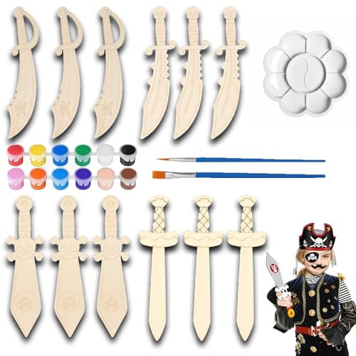 Holzschwert Kinder 12 Stück, mit 12 Stück Farbige Stifte, 1 Stück Bildplatte, 2 Stück Malpinsel, Selbst Kreatives Piratensäbel, Halloween Karneval Geschenke für Männer und Frauen, Kindergeburtstag