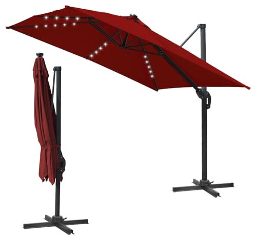 Tubiaz Parasol de jardin déporté rectangulaire - 300 x 300 cm - Avec manivelle - Pivotant à 360 ° et inclinable - Protection solaire UV50+ - Pour jardin, terrasse, Parasol solaire rouge, Mit LED