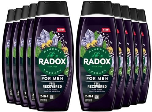 Radox Mineral Therapy 2-in-1 Shower Gel & Shampoo Feel Recovered, Pack of 10, Men's Body Wash Enriched with Magnesium 4 Minerals and 13 Herbs, Black Pepper and Ginger Scent, 450 ml