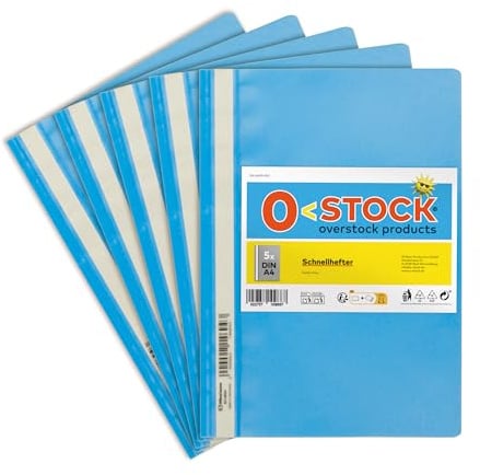 5 x Schnellhefter A4, Farbe Hellblau, stabil, transparente Vorderseite, Metall-Abheftmechanik, made in Germany