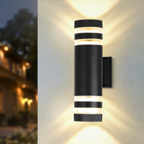 CHENBEN Outdoor Wall Lights Mains Powered IP44 Front Door Lights,Modern Round Outside Wall Lights,Waterproof up Down Outside Light,External Light for House Porch Garden,with GU10 Bulbs,Black