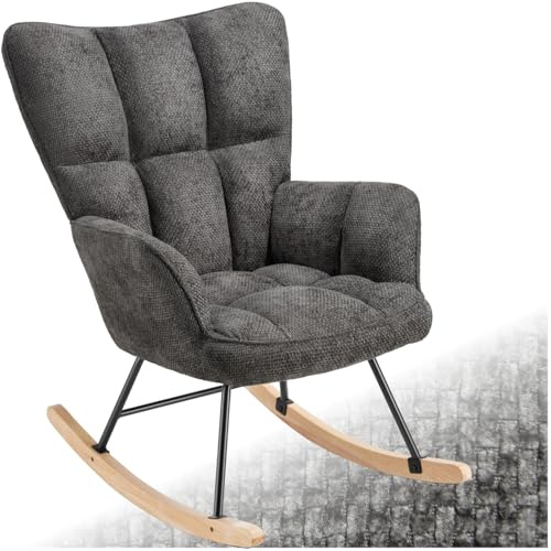 tectake® Sedia A Dondolo, Imbottitura in Gommapiuma, Motivo Trapuntato, Schienale Alto, Braccioli Larghi, Telaio in Acciaio, Pattini In Legno Massiccio, Design Moderno - Antracite