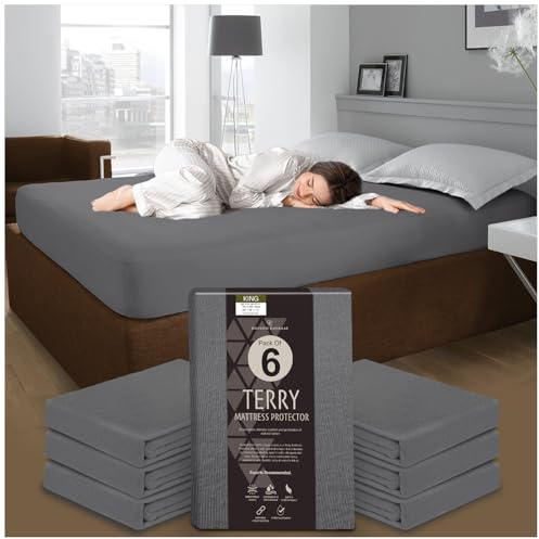 GC GAVENO CAVAILIA Terry Towel Mattress Protector - Pack of 6 King Size Mattress Protector Fitted Sheet - Soft Polycotton Waterproof Mattress Cover - (200 x 150 Cm) - Charcoal