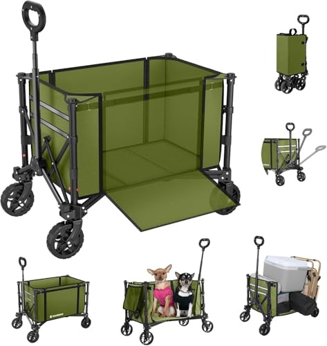 3 in 1 Bollerwagen Faltbar 120L, Klappbar Handwagen mit Rädern, 220lbs Transportwagen Faltbar, Umbaubar in Eine Bank, Einkaufstrolley Klappbar Allzweckwagen für Sport Camping Garten Strand, Grün