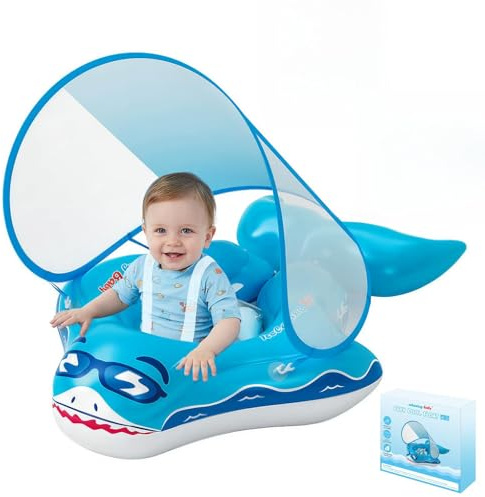 Oziral Schwimmring Baby mit Abnehmbarem Sonnendach Wasserspielzeug im Hai-Design für Kinder 12–36 Monate, Pool-Spielzeug