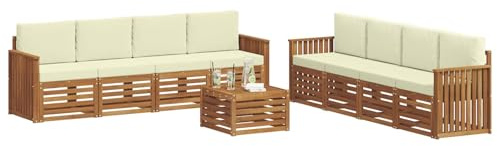 vidaXL Sofagarnituren 9 pcs Natur und Creme Massivholz Akazie, Garten, modernes, langlebiges Outdoor-Sofa, Eckmöbel für Terrasse und Lounge, gemütliche Sitzgruppe