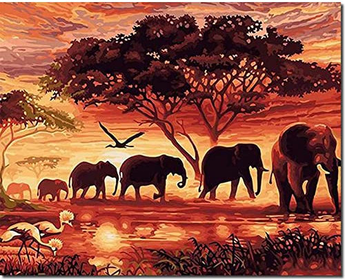 Fuumuui Peinture par Numéros Adultes et Enfants Débutants Comprend Pinceaux et Peintures Acryliques 40 x 50 cm - Paysage, Éléphants au Coucher du Soleil