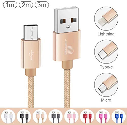 ameego [3Pack 1m+2m+3m] High Speed Strong Nylon Braided Tangle-Free 3.1A Micro USB Data Charge Cable for Samsung, HTC, Nokia, Sony, Kindle, PS3, Speaker, Power bank and More Micro USB Devices (Gold)