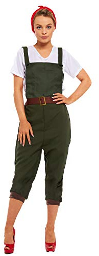 SoWest Women’s Land Girl Dungarees Fancy Dress Costume – Vintage Wartime Jumpsuit with Top & Headscarf | 1940s WW2 Style Workwear Overalls | Retro Pockets Playsuit Outfit, Green - L