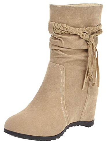 LUXMAX Donna Stivali con Zeppa Alta Tacco Alto Slip-on Scarpe Comodi con Frange (Beige) - 35 EU