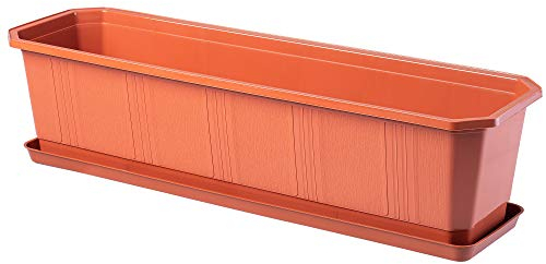 KADAX Plastic Window Box, Rectangular Outdoor Planter with Saucer for Balcony and Patio, Weatherproof Plant Pot for Windowsill (60 cm, Terracotta)