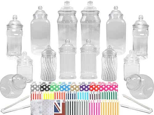 14 Plastic Sweet Jars, 7 Styles, 2 Tongs and 50 Bags. Ideal for Party, Wedding, Sweet Table, Candy Buffet (Rainbow Candy Stripe Mix)