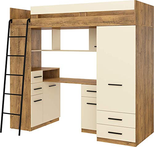 Hochbett mit Schreibtisch, Schubladen, Kleiderschrank und Bücherregal - SMYK L - (Eiche Burgunder/Creme)