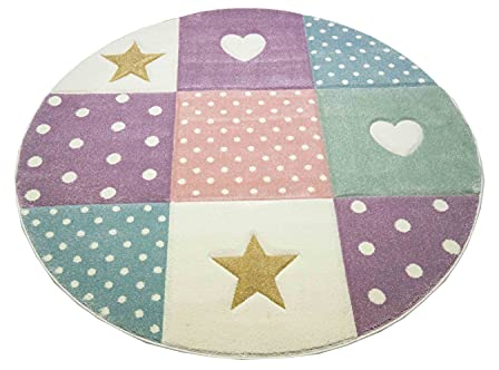 Teppich-Traum Kinderzimmer Teppich Spiel & Baby Teppich Herz Stern Punkte Design Grün Creme Rosa Blau Größe 160 cm rund